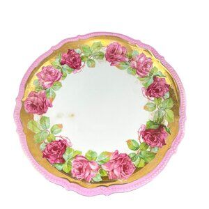 Vintage P.K. Silesia Porcelain Plate Pink Rose Floral & Gold Trim 11.5'' Germany